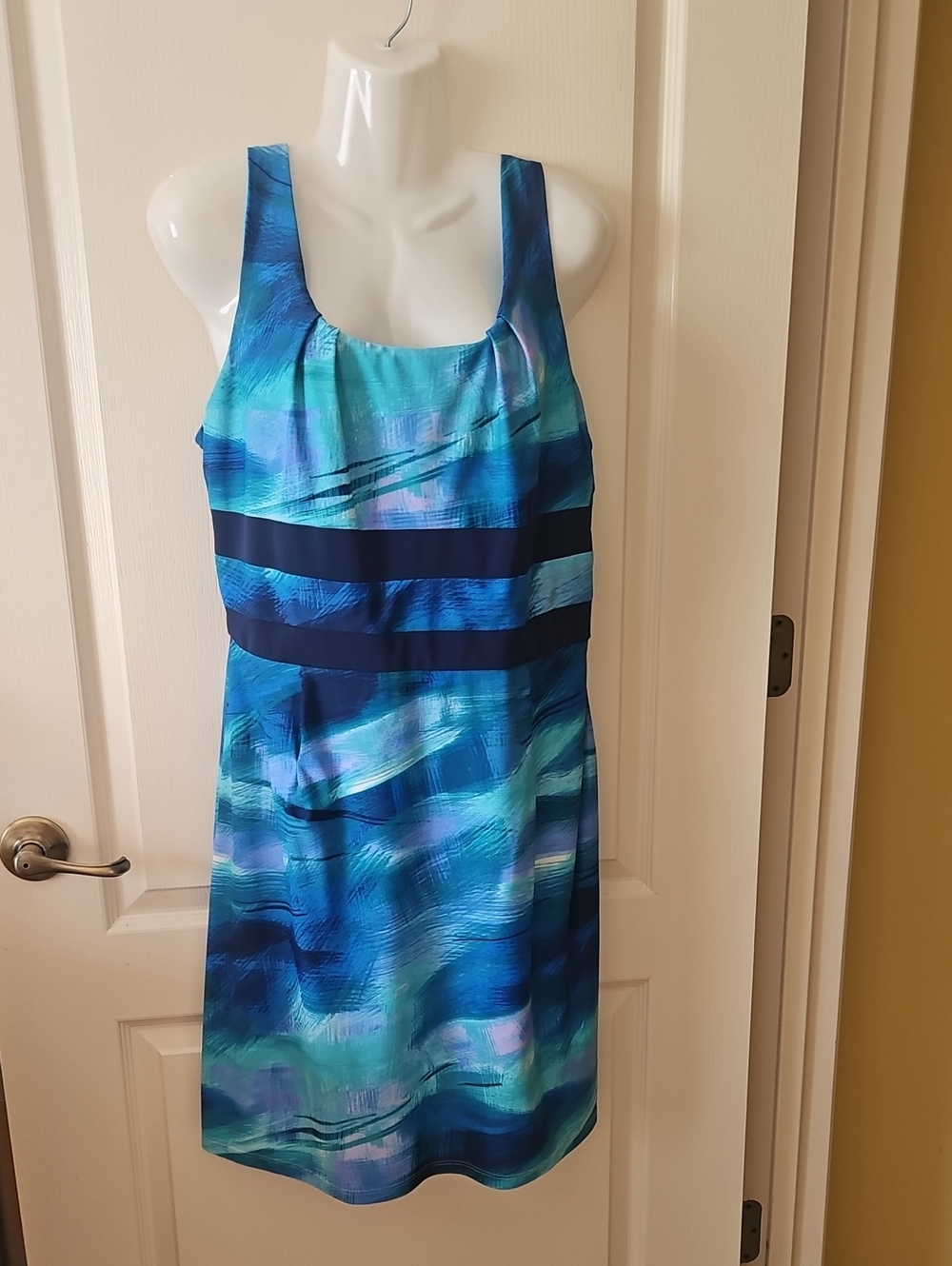 Bo & NIC Blue Teal Watercolor Brush Stroke Dress Sleeveless XL Soft Comfortable